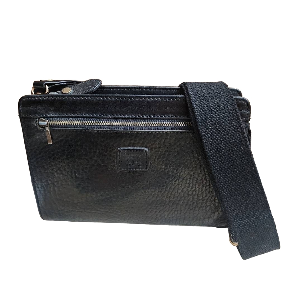Authentic black leather vintage BURBERRY'S clutch converted to crossbody bag